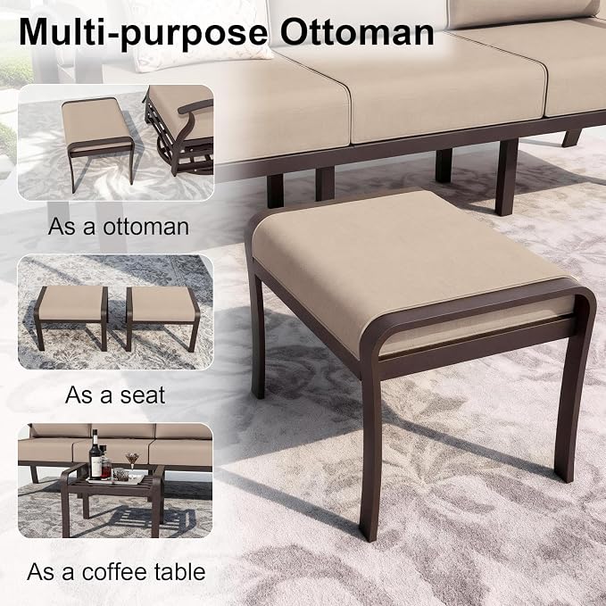 ALAULM Aluminum Patio Furniture Set with Coffee Table Rectangular, 6-seat Outdoor Sectional Furniture w/Swivel Chairs and 2 Ottomans, Patio Conversation Set for Porch, Backyard, Poolside-Sand