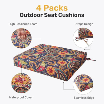 UNIKOME Outdoor Chair Cushions Pack of 4, Water Resistant Patio Cushions with Ties, High Density Sponge Filling Square Corner Seat Cushions for Outdoor Furniture, 18.5"*16"*3", Palmira Paisley