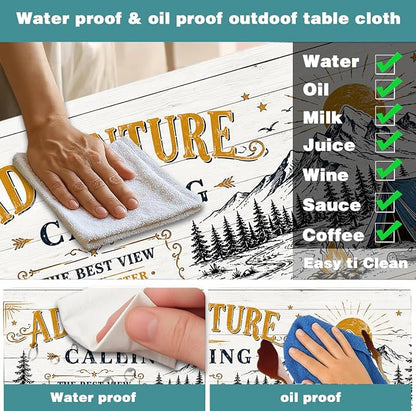 Forest Mountain Sun Wooden Picnic Table Cover with Bench Covers and Bag | Elastic Edges Camper Fitted Table Cover, 60 Inch 3 PCS Outdoor Patio Camping Essentials, Waterproof Camping Fitted Tablecloth