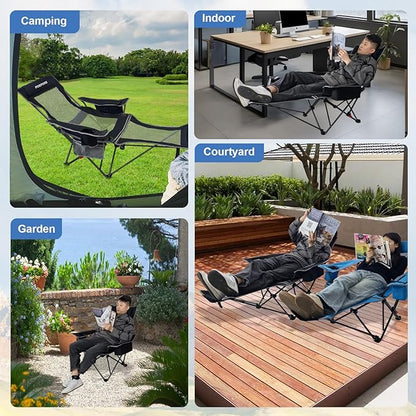 Reclining Camping Chair 4 Position with Foot Rest Comfortable for Adults 265Ibs Folding Lounger Mesh Beach Chair with Cooler Bag and Cup Holder for Outdoor Patio
