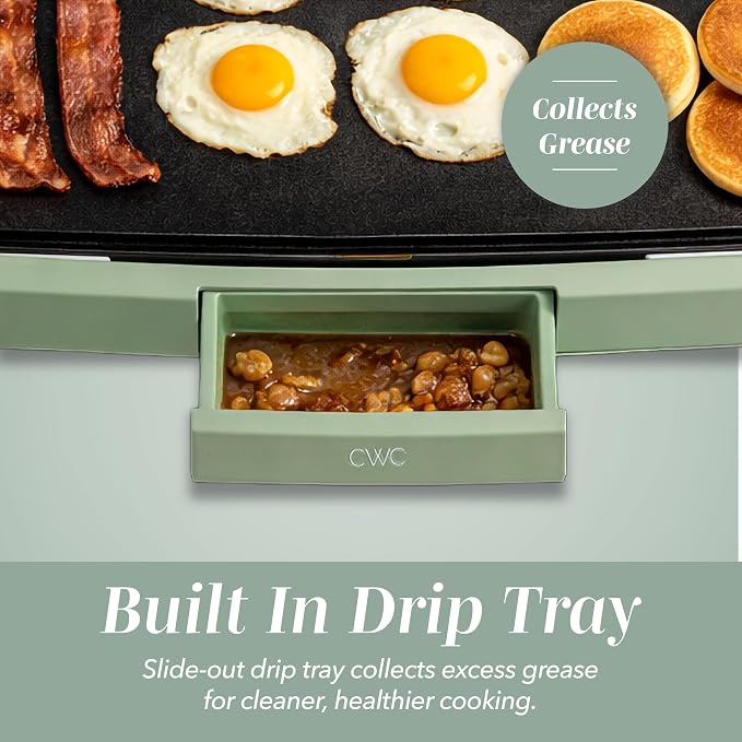 COOK WITH COLOR Electric Griddle 1200W, Nonstick Surface for Pancakes, Burgers, Eggs & More, Removable Temperature Control, Slide-Out Drip Tray, 10" x 16" Cooking Area, Dark Sage