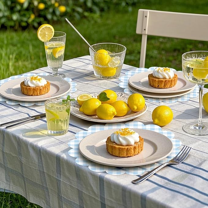 100Pcs Checkered Paper Placemats Light Blue Gingham Place Mats 13.5 Inch Disposable Round Decorative Dining Table Mat with Scalloped Edge Paper Cutouts Decor for Summer Picnic BBQ Table Party Supplies