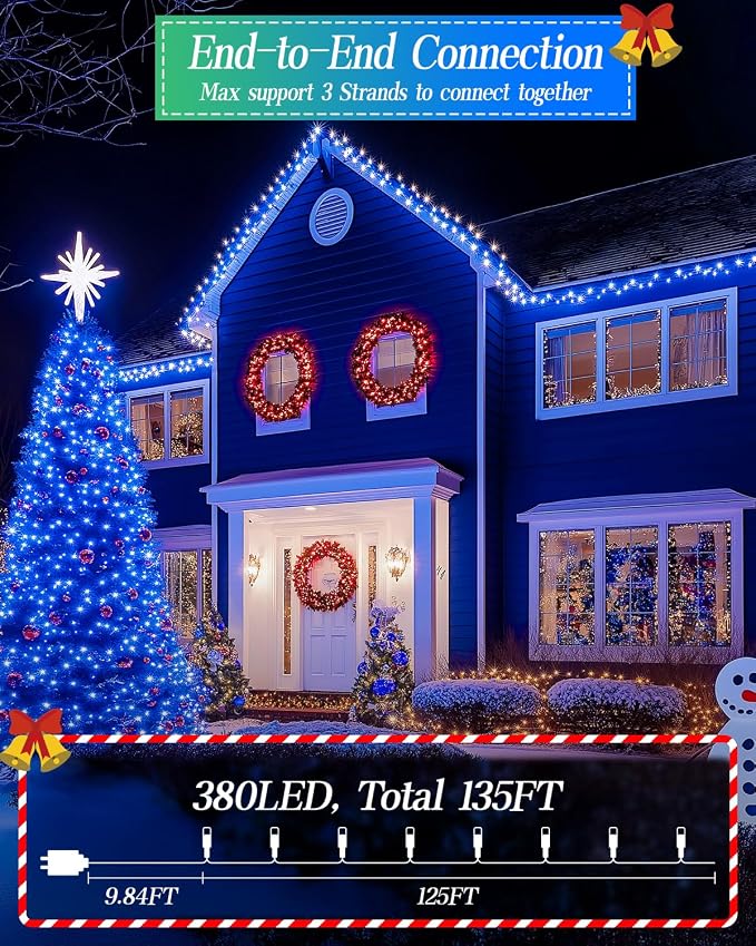 125FT 380LED Blue Christmas Lights, Extra Long Outdoor String Lights Waterproof, Timer & Memory, 8 Modes Dimmable Plug in Fairy Lights for Outside Tree Wedding Patry Holiday Decorations
