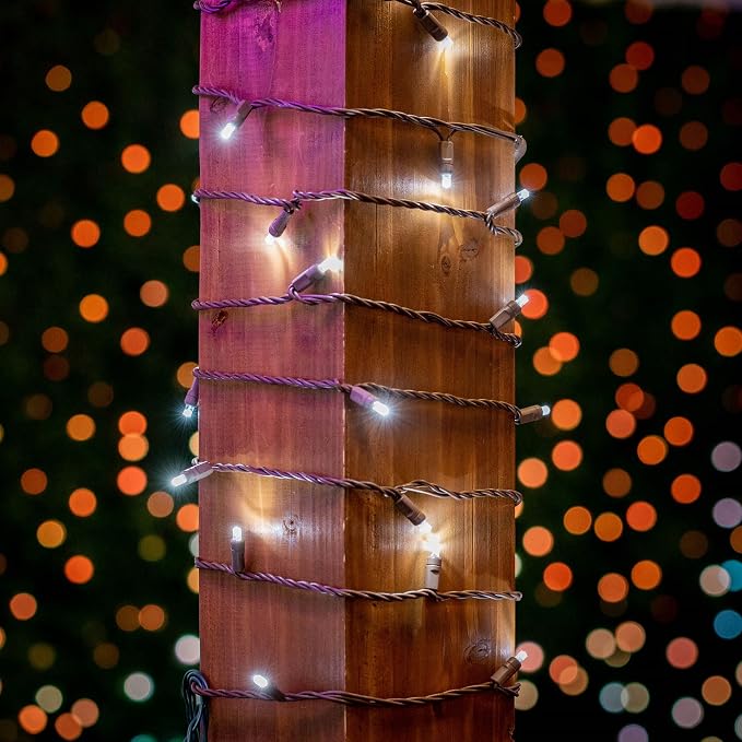 Novelty Lights 50ft 100 LED Pure White Christmas String Lights, Brown Wire | UL Listed, IP55 Commercial Grade Xmas Lights, 6 Inch Spacing, Outdoor & Indoor, Dimmable, Connectable, & Flicker Free