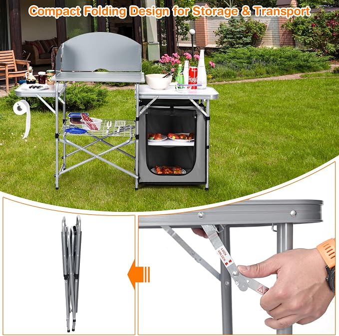 Giantex Folding Grill Table with 26'' Tabletop and Detachable Windscreen, Aluminum Portable Camp Cook Station Carry Bag Quick Set-up, BBQ Camping Picnic Backyard Outdoor Camping Kitchen Table (Grey)