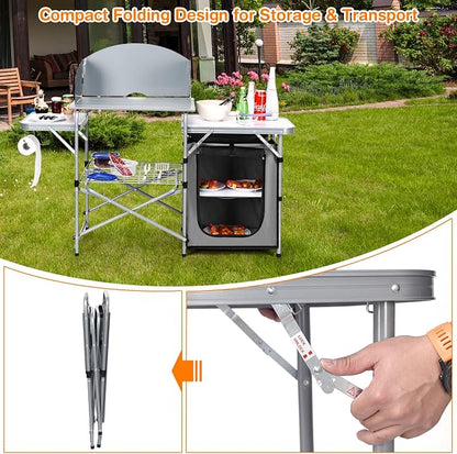 Giantex Folding Grill Table with 26'' Tabletop and Detachable Windscreen, Aluminum Portable Camp Cook Station Carry Bag Quick Set-up, BBQ Camping Picnic Backyard Outdoor Camping Kitchen Table (Grey)