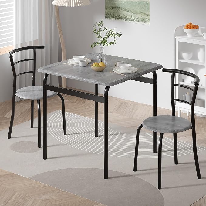 VECELO 3-Piece Dining Table Set for Kitchen Breakfast Nook, Wood Grain Square Tabletop and Metal Frame, for Small Spaces, Grey