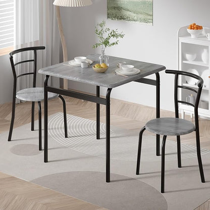 VECELO 3-Piece Dining Table Set for Kitchen Breakfast Nook, Wood Grain Square Tabletop and Metal Frame, for Small Spaces, Grey