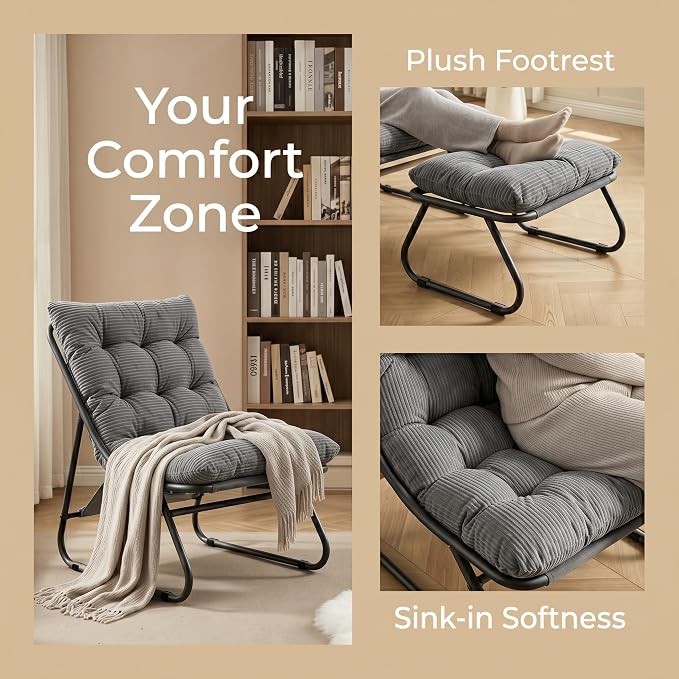 Rocking Chair with Ottoman, Modern Metal Frame Outdoor Rocker, Comfy Patio Lounge Chair with Footrest, Reading Glider Chairs for Living Room, Bedroom, Balcony, Garden, Relax, Grey