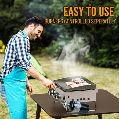 ONLYFIRE GRILLS Tabletop Gas Griddle 2 Burners, Propane Gas Stove, GS319 | Portable Flat Top Griddle for 1lb/20lb Propane, Outdoor Cooking Patio BBQ Camping Tailgating RV, Stainless Steel 16000BTU