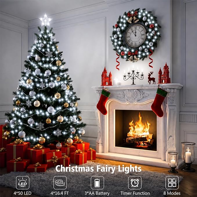4 Pack Green Wire Fairy Lights Battery Operated Twinkle Lights | 16.4 Ft 50 LED Battery Christmas Lights Waterproof with Auto Timer 8 Modes for Xmas Wreath Tree Decor, Cool White
