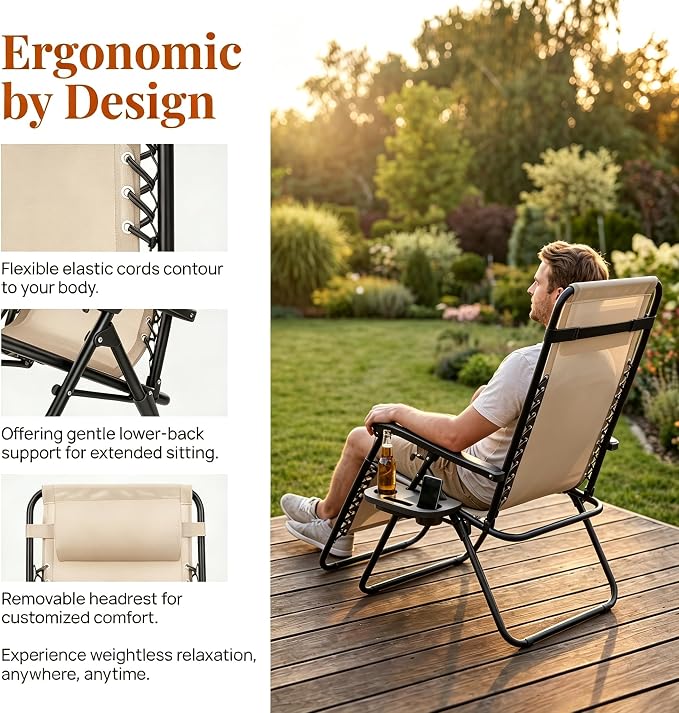 Adjustable Folding Lounge Chair, Portable Camping Chair for Adults with Headrest, Reclining Outdoor Chair with RemovableTray, Foldable Low Beach Chair for Camping, Picnic, Travel, Khaki