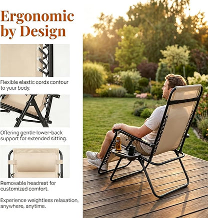 Adjustable Folding Lounge Chair, Portable Camping Chair for Adults with Headrest, Reclining Outdoor Chair with RemovableTray, Foldable Low Beach Chair for Camping, Picnic, Travel, Khaki