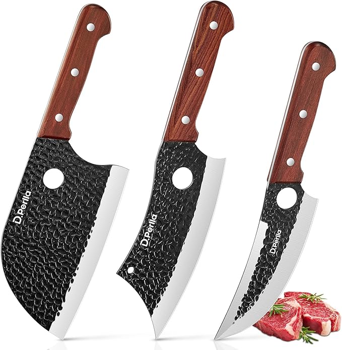 D.Perlla Butcher Knife set 3PCS Chef Knife Set for Meat Cutting, Serbian Chef Knives Set and Viking Knife with Wooden Handle, Cleaver knive Set for Outdoor BBQ and Camping with Gift Box