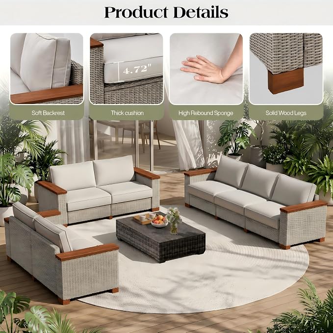 PaPaJet Outdoor Patio Sofa, 3 Seat Wicker Couch with Solid Armrests & Legs, 4.7" Thickened Removable Cushions, UV-Resistant Modular Sofa for Porch, Backyard, Garden