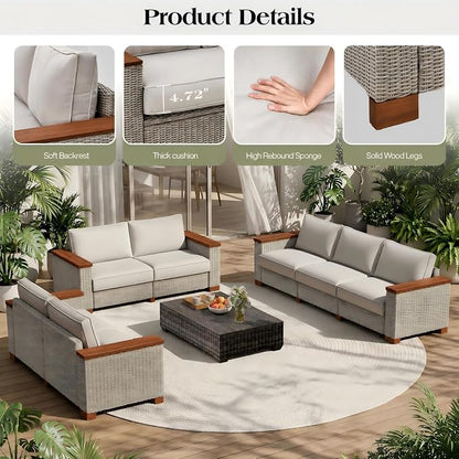 PaPaJet Outdoor Patio Sofa, 3 Seat Wicker Couch with Solid Armrests & Legs, 4.7" Thickened Removable Cushions, UV-Resistant Modular Sofa for Porch, Backyard, Garden