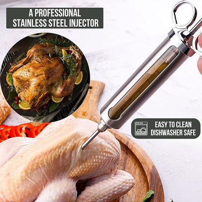 Professional Meat Injector Marinade Syringe Kit for Smoking & Grilling Turkey, Brisket & BBQ - Large 2 Oz Visible Stainless Steel Capacity - Never Leaks or Clogs + Safe Grill Cleaner & Flavor Brush