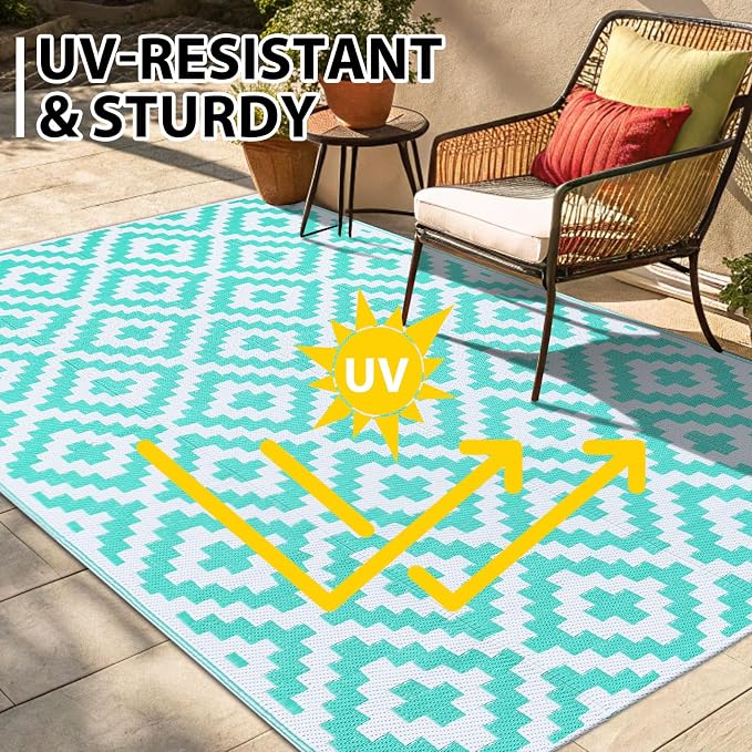 Smiry Outdoor Rug 6x9 ft Waterproof Reversible Boho Mat, White & Teal | Polypropylene Plastic Straw, Quick Drying, Lightweight Foldable, for Patio, Deck, RV Camping, Backyard and Indoor Outdoor Use