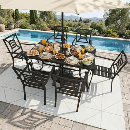 7 Piece Outdoor Patio Dining Sets, 60" Rectangular Metal Dining Table with Umbrella Hole & 6 Stackable Metal Chairs, Weather Resistant Garden Furniture Set for Backyard, Deck, Porch