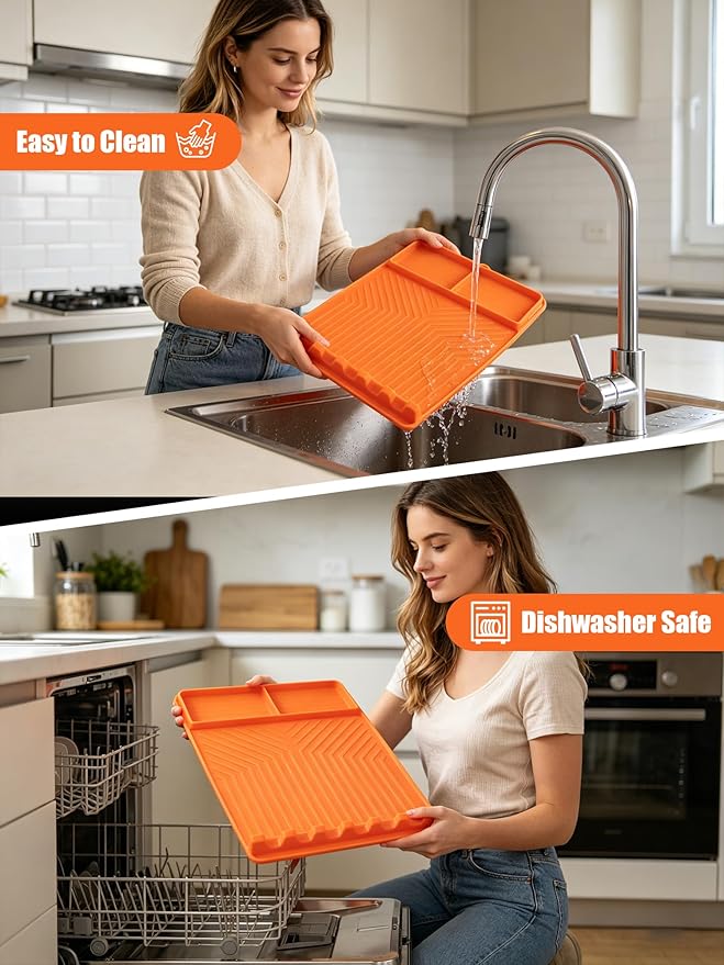 Rollable Silicone Grill Mat for Blackstone Griddle, Heat-Resistant Side Shelf Organizer with Drip Tray for Griddle Tools & BBQ Accessories, Non-Slip Outdoor Grill Mat Gift for Men (Orange)