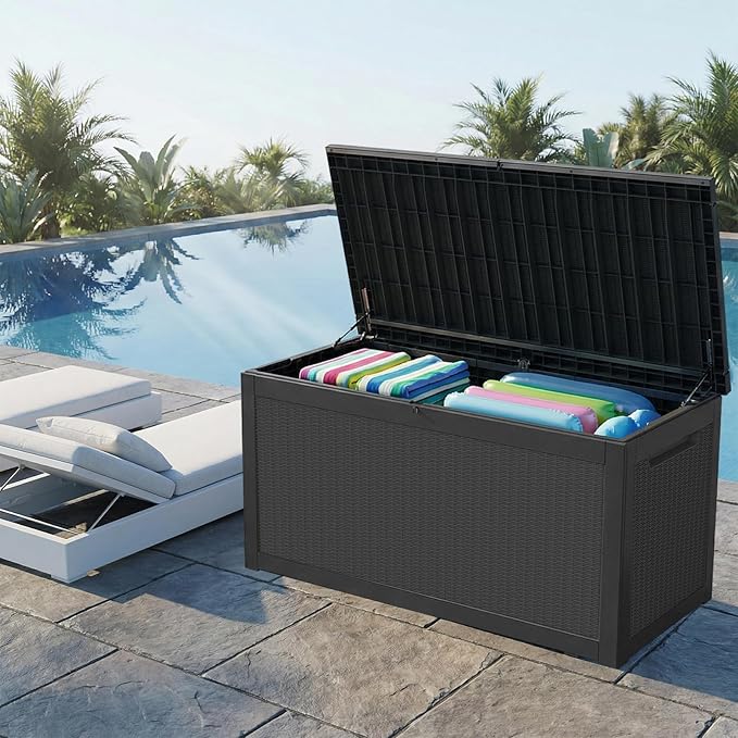 FEFLO 260 Gallon Waterproof Resin Outdoor Storage Box, Lockable & UV Resistant Patio Deck Boxes, Outside Storage for Patio Cushions, Pool Toys, Garden Tools & Package Delivery, Black