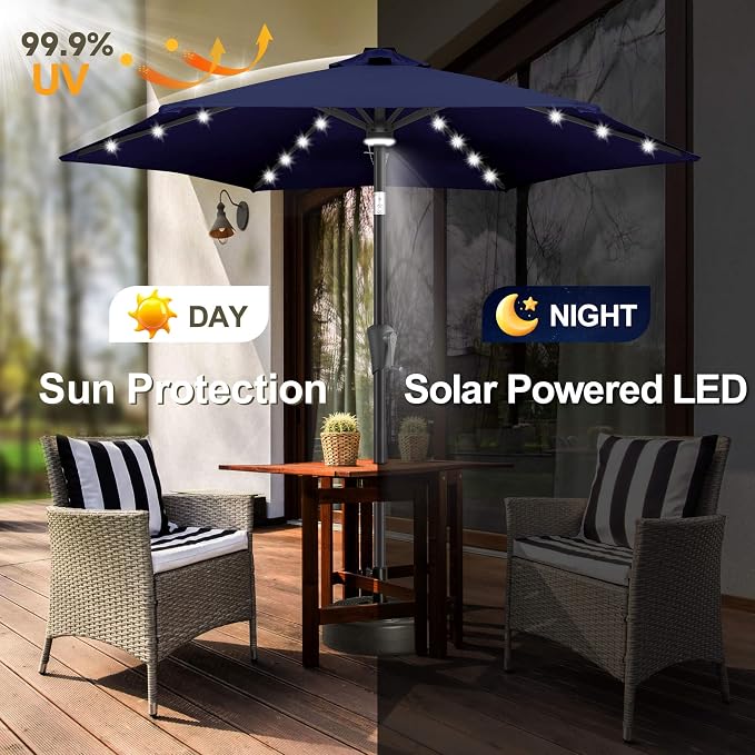 FLAME&SHADE Solar Patio Umbrella with Centre Light, 7.5 FT Navy Blue | UV Protection, Small Solar Outdoor Umbrella for Porch, Deck, Backyard, Garden, Provides Evening Lighting, 24 LED Lights