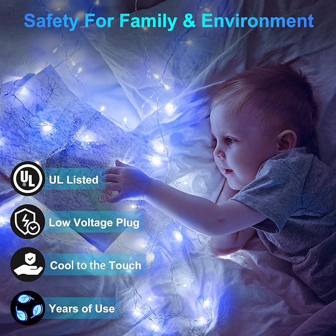 Christmas String Lights Outdoor Green Wire 470FT 1500 LED Blue & White | Dimmable, 12 Light Styles, Memory Timer, Waterproof, 29V Safe Low Voltage, Diamond-Faceted LED, Energy Efficiency