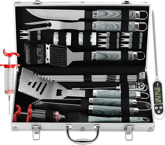 grilljoy 24PCS BBQ Grill Tools Set with Meat Thermometer and Injector - Extra Thick Stainless Steel Fork, Spatula& Tongs - Complete BBQ Accessories in - Perfect Grill Gifts for Father's Day