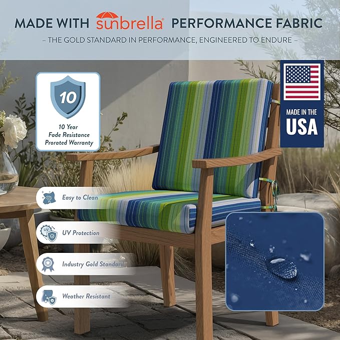 California Umbrella Outdoor Dining Chair, Patio Seat Cushion, 20 x 40 Inch, Premium Outdoor Memory Foam, Fade Resistant Sunbrella Fabric, Fabric Ties,Seville Seaside