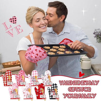 Suclain 32 Pcs Valentine's Day Oven Mitt and Pot Holders Valentine Baking Gift Set Cute Non Slip BBQ Gloves Kitchen Potholder Wooden Spoons and Cards for Women Valentine's Day Gift Cooking Baking