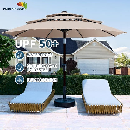 PatioKingdom 9ft 3-Tier Patio Market Umbrella with Crank/Tilt, Commercial Heavy Duty Wind Proof,Outdoor Table Umbrella with 8 Fiberglass Ribs,UPF50+ for Deck,Pool,Garden,Backyard (Beige)