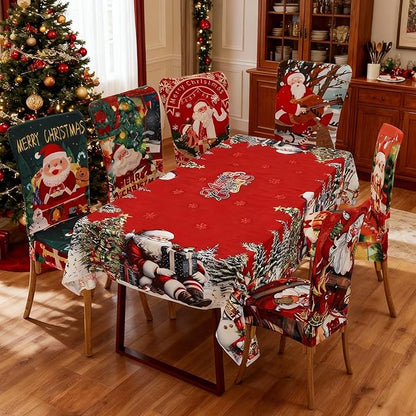 7 Pcs Christmas Tablecloth and Chair Covers Set Stretchable Washable Red Santa Holiday Table Cover and Seat Protector Slipcovers for Xmas Dining Room Kitchen Party (Rectangle,80 x 55 Inch)
