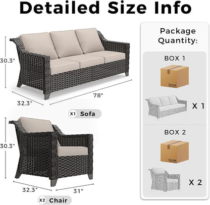 3 Piece Patio Furniture Set, Wicker Outdoor Conversation Set | Patio Chair Set with Olefin Removable Cushion, All-Weather Outdoor Couch with Deep Seat for Porch, Deck and Backyard, Beige