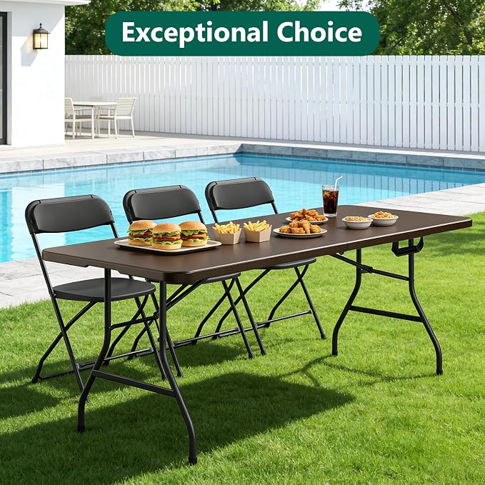 2 Pack 6ft Folding Table, Foldable Picnic Table Portable Table for Indoor Outdoor Use Heavy Duty Plastic Table Camping Table with Carry Handle for Party, BBQ, Brown