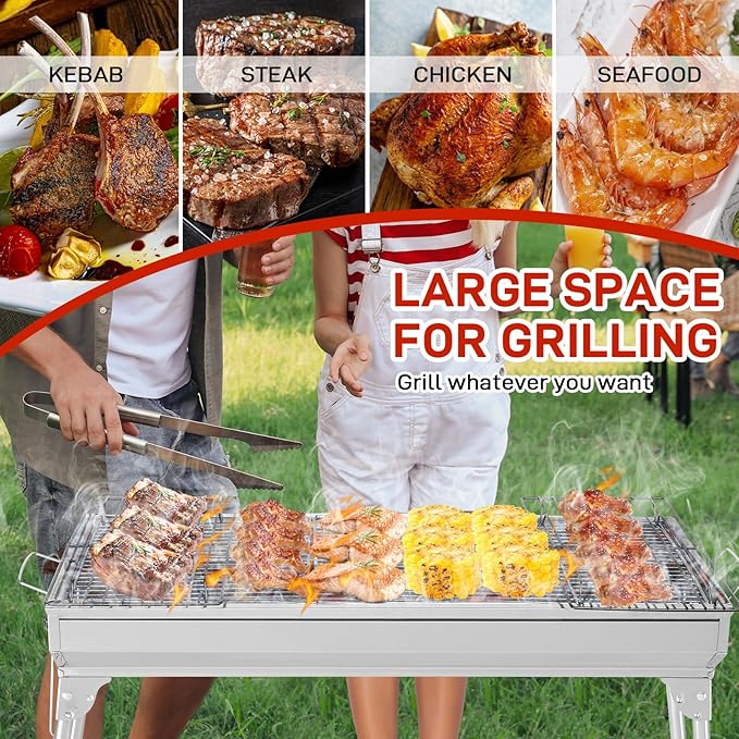 Stainless Steel BBQ Charcoal Grill, 28x 13 x 27" Portable & lFoldable Barbecue Grill, Outdoor Patio Garden Heating Smoker for Cooking Camping Hiking Picnic Garden Beach Party