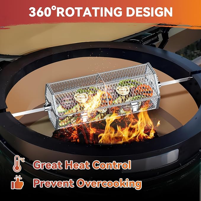 Skyflame Stainless Steel Round Tumble Rotating Rotisserie Basket | Stable Locks Construction, Fits for 5/16 Inch Square, 3/8 Inch Square, 3/8 Inch Hexagon, 1/2 Inch Hexagon Spit Rods