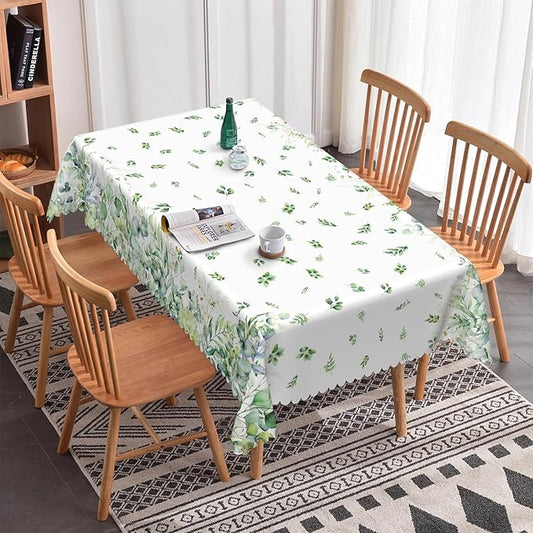 Summer Floral Rectangular Tablecloth 55"x102" – Green Eucalyptus and Flower Design, Fabric Waterproof Table Cloth for Dining, Kitchen, Outdoor BBQ and Picnic Party Decor