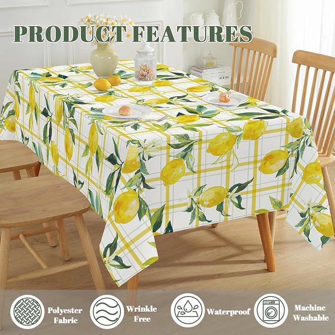 SASTYBALE Summer Lemon Tablecloth, Yellow Buffalo Plaid, 60" x 84" | Rectangle, Washable, Water Resistant, Vintage Pattern, Indoor & Outdoor Use
