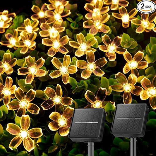 Brightown 2 Pack Total 52FT 120 LED Solar String Lights Flower Outdoor Waterproof Fairy Lights for Garden Yard Fence Patio Christmas Tree Wedding Party Decor, Warm White