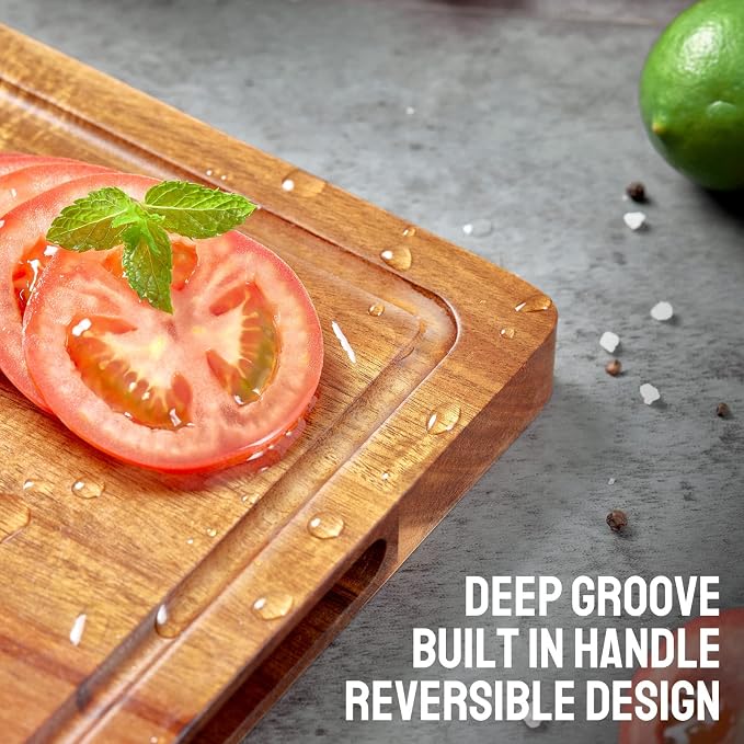 BEZIA 16.5" x 13" Acacia Wood Cutting Board, Durable Kitchen Prep Station | Deep Juice Grooves, Side Handles, Pre-Oiled Surface, Ideal for Daily Meal Prep, Expert Carving, Serving & Kitchen Decor