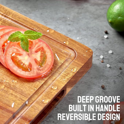 BEZIA 16.5" x 13" Acacia Wood Cutting Board, Durable Kitchen Prep Station | Deep Juice Grooves, Side Handles, Pre-Oiled Surface, Ideal for Daily Meal Prep, Expert Carving, Serving & Kitchen Decor
