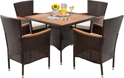 RoyalCraft 5 Piece Patio Wicker Dining Sets for 4, Water-Resistant Rattan Outdoor Dining Table and 4 Chairs with Wood Table Top, Conversation Set for Deck, Garden, Backyard, Removable Cushions, Brown