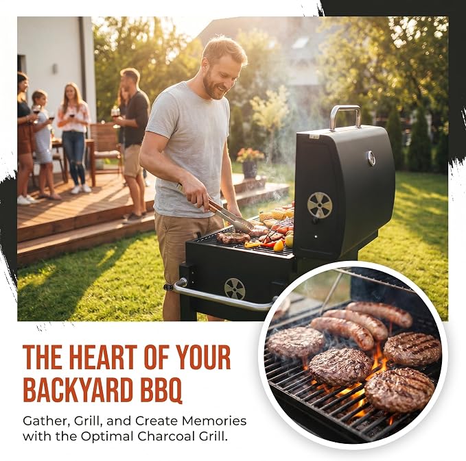 Charcoal Grill with Foldable Side Table and Wheels, Heavy-duty Outdoor BBQ Grill for Backyard, Patio, Garden, and Picnic Cooking, Black