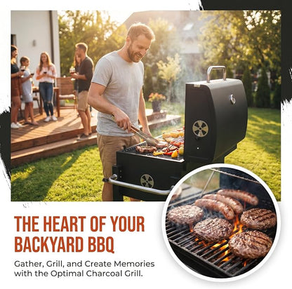 Charcoal Grill with Foldable Side Table and Wheels, Heavy-duty Outdoor BBQ Grill for Backyard, Patio, Garden, and Picnic Cooking, Black