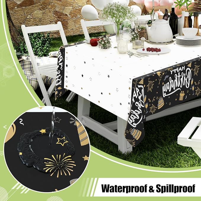 Smiry Disposable Table Cloth - 12 Pack, 54 x 108 Inch Waterproof Rectangle Tablecloths for Parties, Decorative Plastic Table Cover, Leakproof & Sturdy, Black & White