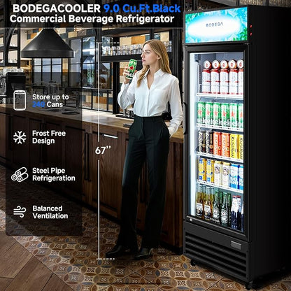BODEGA BODEGACOOLER 9.0 Cu.Ft Commercial Beverage Refrigerator with Glass Door, Upright Display Merchandiser Fast Cooling Drink Cooler, Digital Thermostat, LED Light – Beat Summer Heat for Game Day.