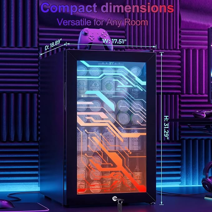 17" Beverage Refrigerator with LED Light Up Door – 128 Can Freestanding Drink Fridge, Small Beer Cooler with 4 Removable Shelves, Child Safety Lockfor Gaming Room Home Bar Party,Cyberpunk