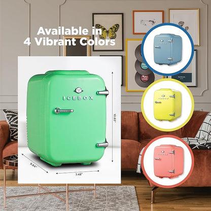 IceBox 4-Liter Mini Fridge Cooler/Warmer, IBMF4MNT, Mint Green | Portable Refrigerator Holds 6 Cans, Compact for Skincare, Beverages and Food, Includes 120V AC and 12V Car Adapters
