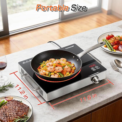 1500W Portable Infrared Hot Plate, Single Burner Electric Cooktop with Knob Control & 3-Hour Timer, Countertop Ceramic Burner with Handle, Works with All Cookware