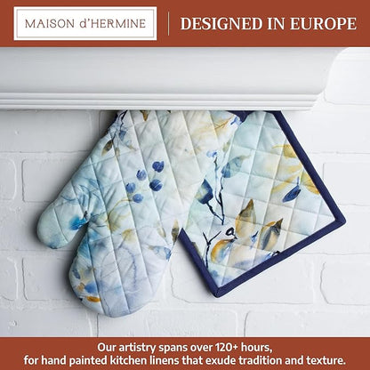 Maison d' Hermine 100% Cotton Oven Mitt & Pot Holder Set (7.5"x13" & 8"x8") Heat Resistant BBQ Cooking Gloves with Loop Baking Grilling Kitchen Hotel Home Farmhouse Spring Summer (Lazy Summer Days)